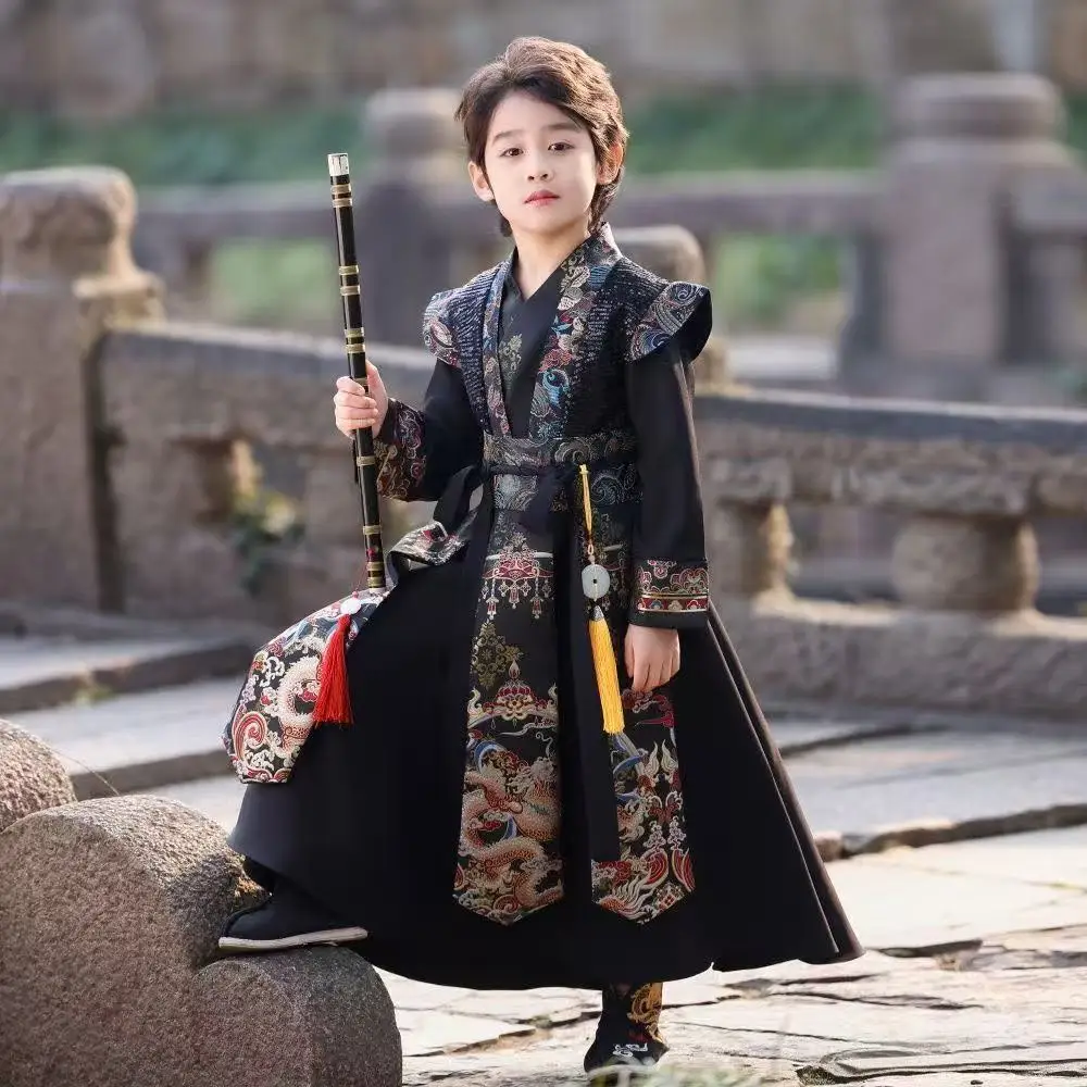 

Традиционная детская одежда с драконом ханьфу для мальчиков, древняя китайская одежда, элитный костюм Royal Guards для косплея на Хэллоуин, костюм Тан для сценического шоу