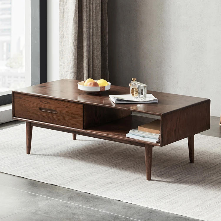 

Mid century Modern Living Room Furniture Solid OAK Wood Square 2 Drawers Nordic Storage Coffee Tablepromote sales