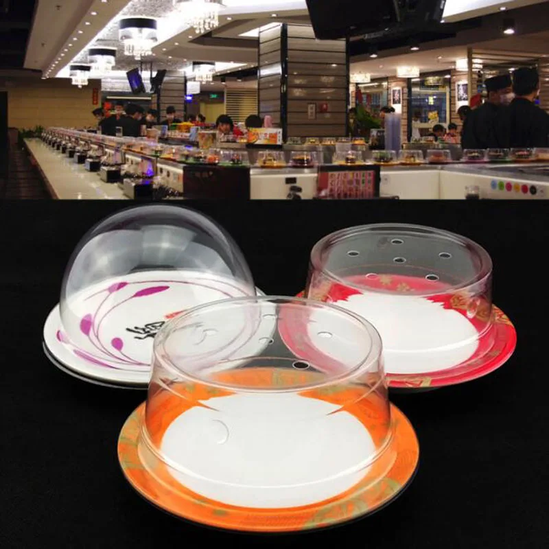 50pcs Plastic Lid For Sushi Dish Buffet Conveyor Belt Reusable Transparent Cake Plate Food Cover Restaurant Accessories