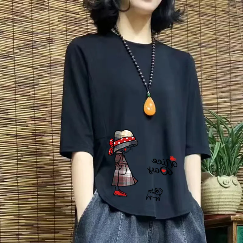

New summer comfortable high-grade flesh-covering irregular round-neck T-shirt for women, half-sleeve splicing stylish loose top