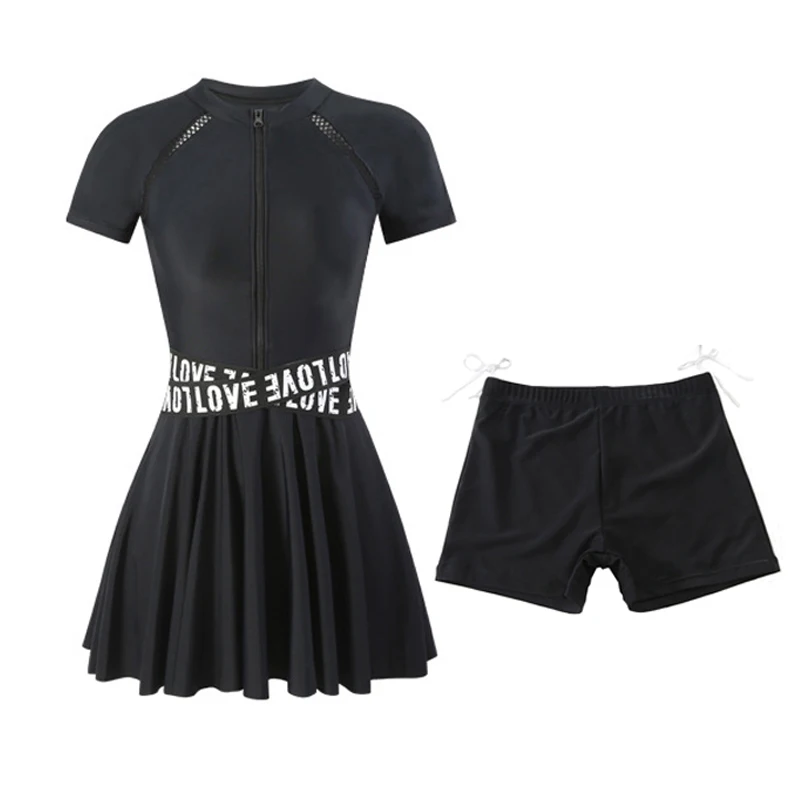 Large Size Swimwear Women Two Piece Swimsuit With Skirt Short Sleeve Swimming Suit Boxer Bottom Beachwear Hot Spring Clothes