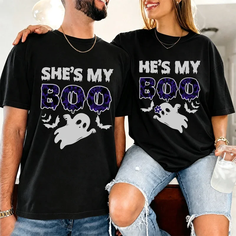 Halloween Matching Couple T‑Shirts She's My Boo He's My Boo Cute Ghost Bat Print Tee Women Men Fall Party Couple Outfit