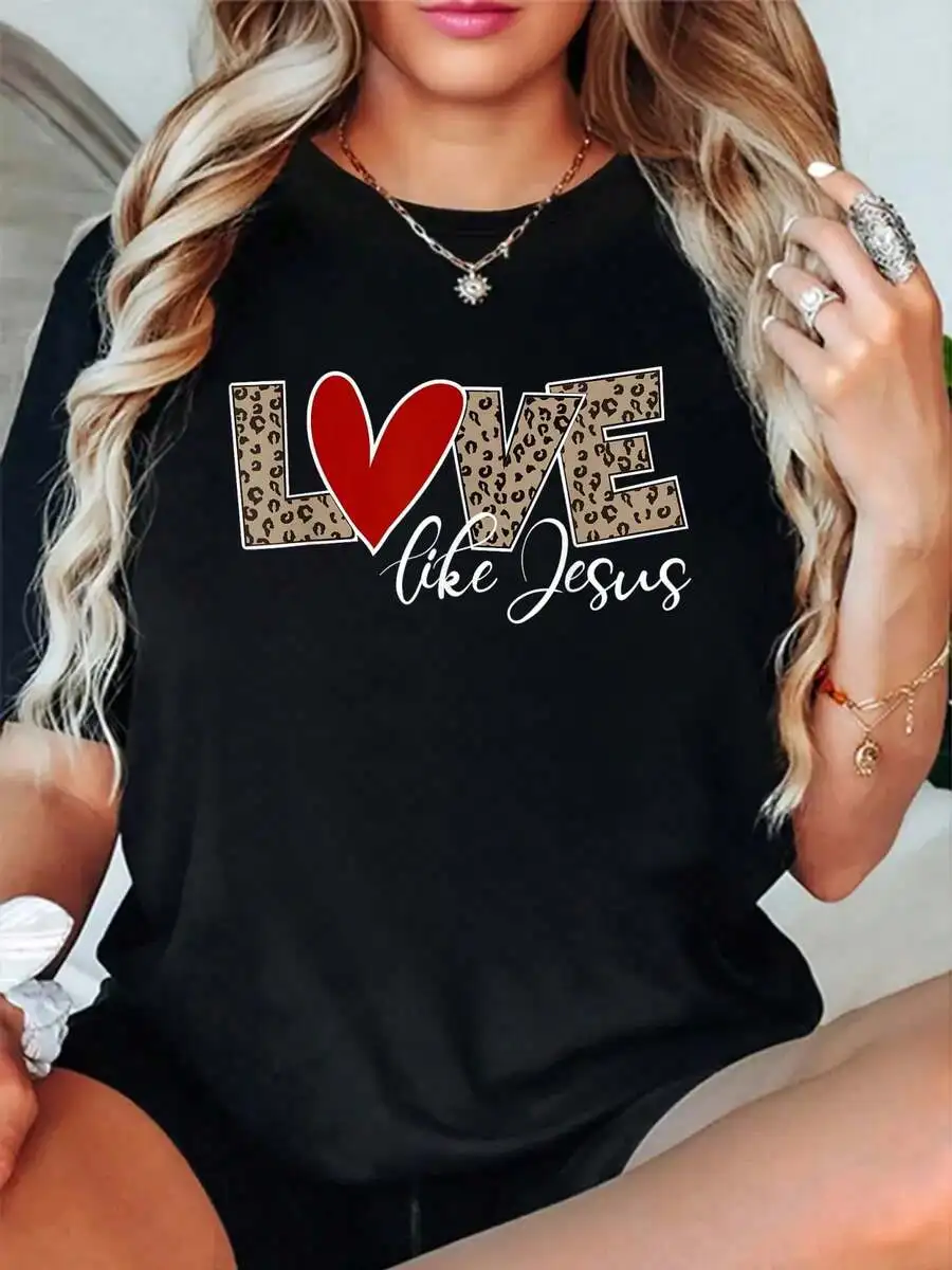 Women Religious Casual T‑Shirt 100% Cotton Love Like Jesus Leopard Heart Believer Graphic Print Christian Faith Crew Neck Short Sleeve Everyday Wear Tee