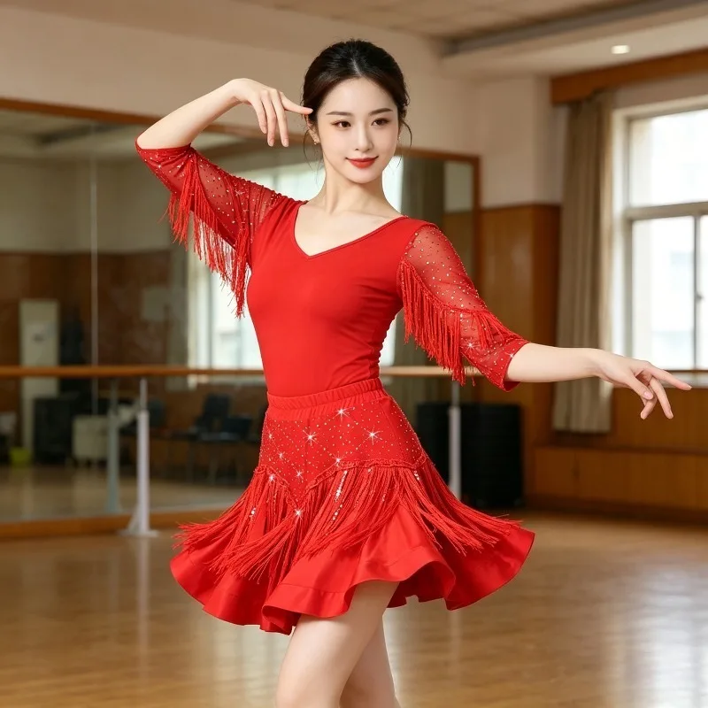 Women Sequined Latin Dance Half Skirt Flowy Breathable Ballroom Skirt for Jive Waltz Performance Latin Dance Clothing Women