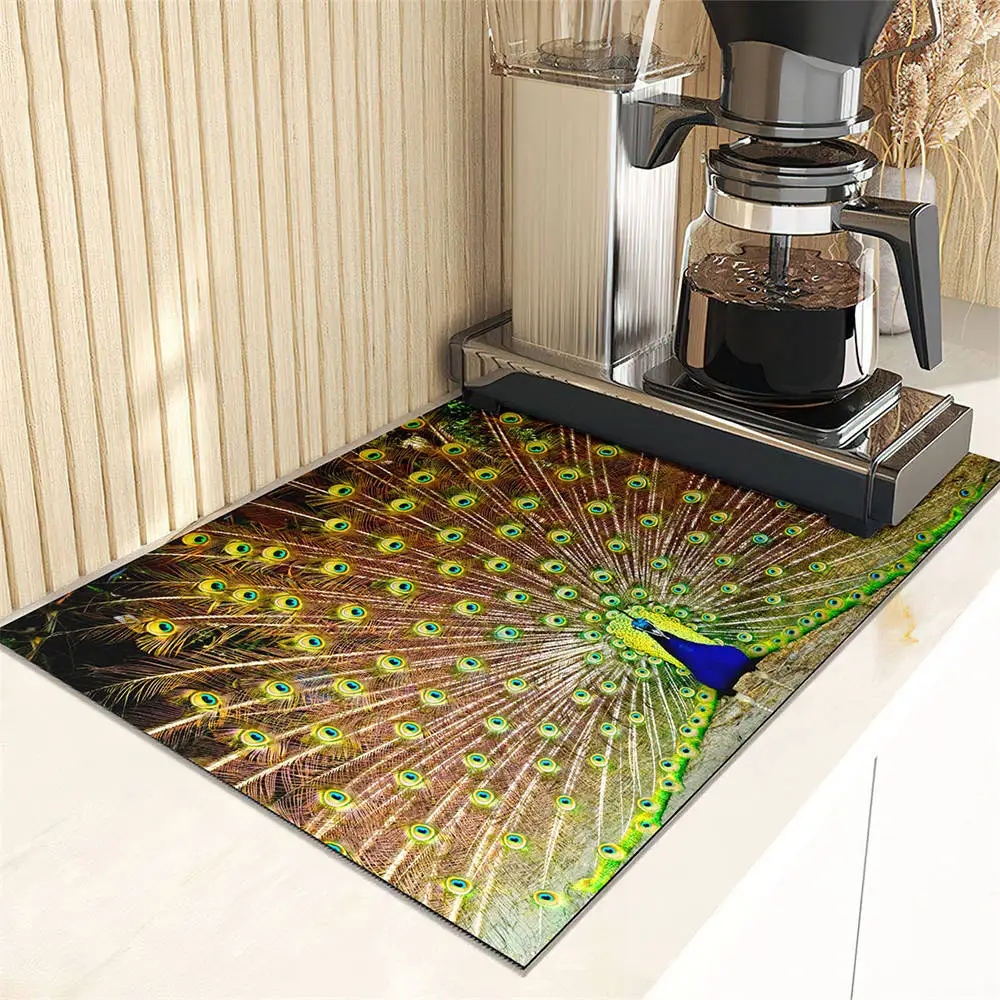 Green Wild Peacock Pattern Drain Pad Absorbent Dish Drying Mat Non-Slip Anti-mildew Counter Top Mat Sink Dish Draining Mat