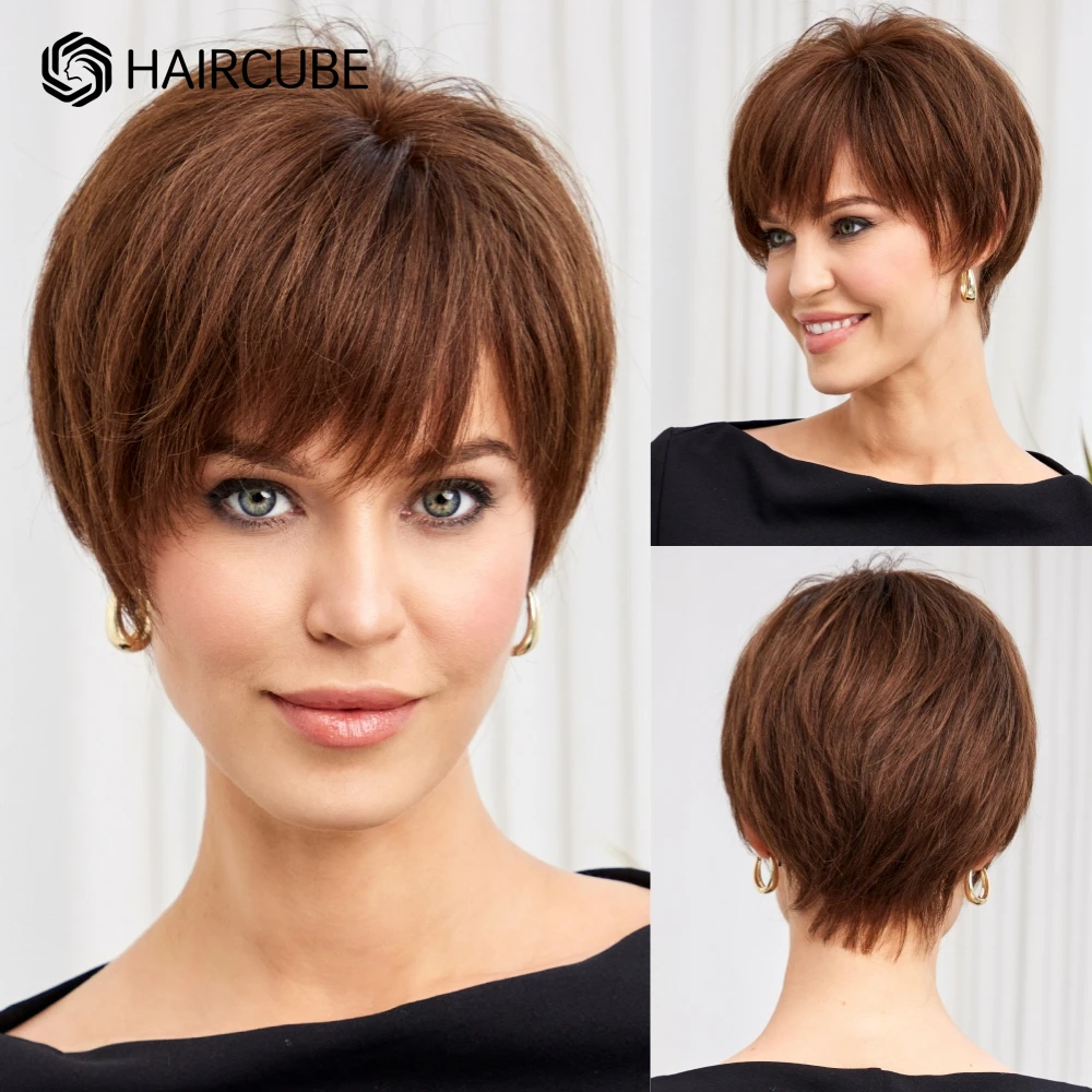 Short Pixie Cut Human Hair Wig Brown Bob HD Lace Frontal Remy Human Hair Wigs with Bangs Natural Straight Layered Wig for Women