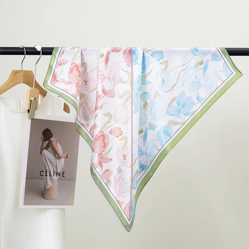 

100% Pure Silk Square Scarf Tulip Print Bandana Handkerchief 12MM Women's Scarf Neckscarves High-end Luxury Foulard Cheveux