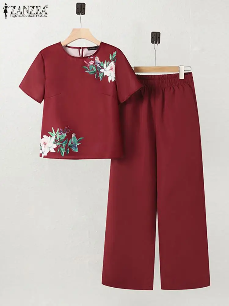 Summer Trousers Suits Two Pieces Sets ZANZEA Fashion Short Sleeve Print Blouse OL Pant Sets Women Outfits Casual Work Tracksuits