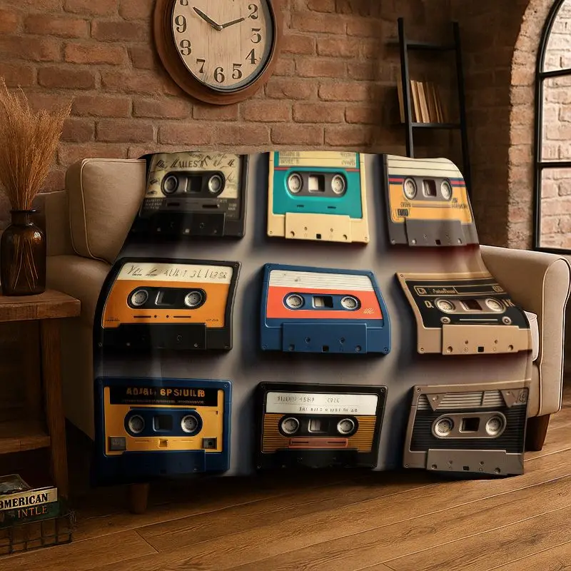 Retro Tape Cassette Music Flannel Blanket Soft Warm Throw Blanket for Bedroom Living Room Bed Travel Camping Picnic Cover Gift