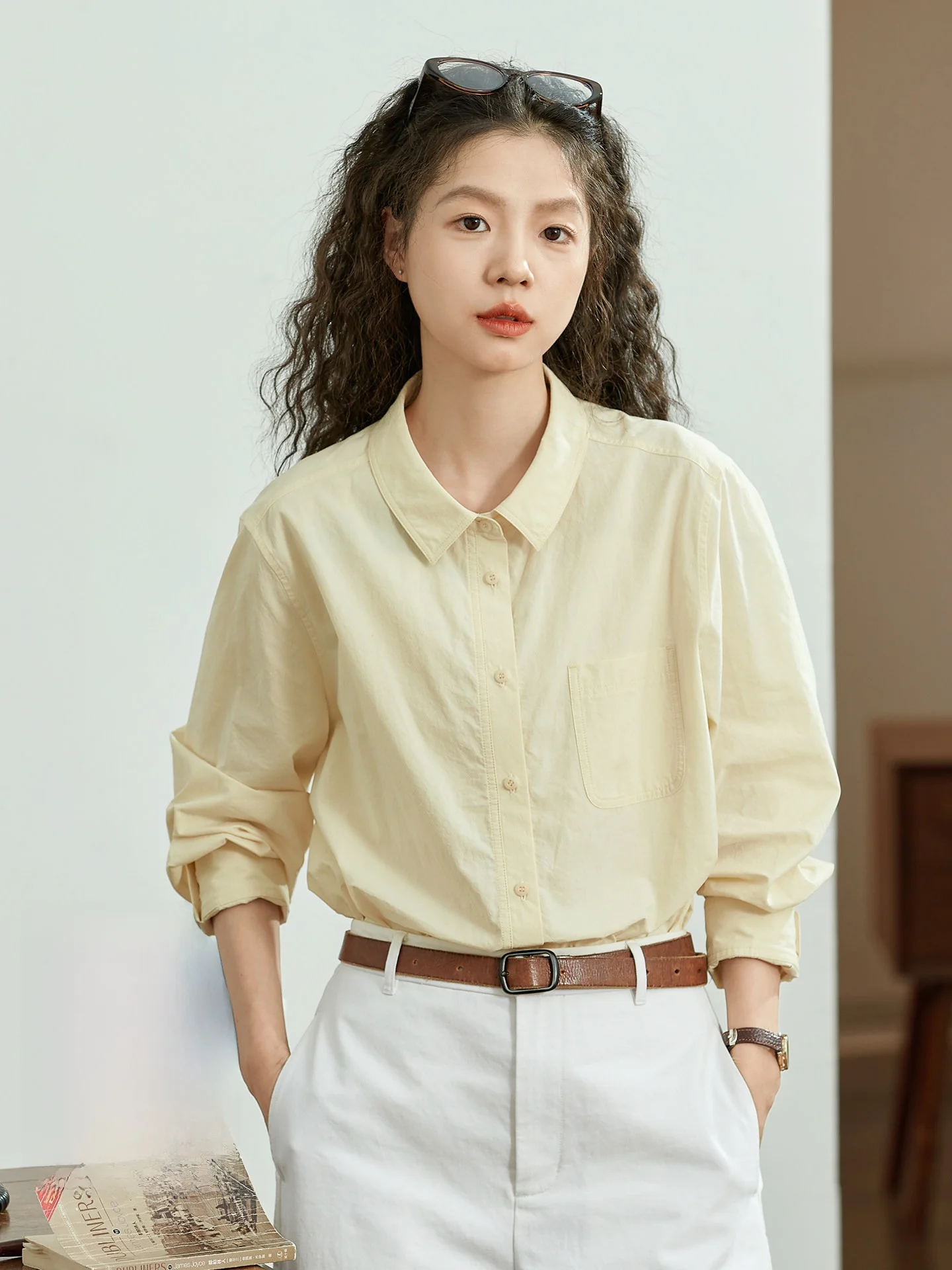 

Loose Long Sve Pure Cotton Casual irt Women's Original Yellowi Brown Spring Season Comfortable Breathable Button up Top