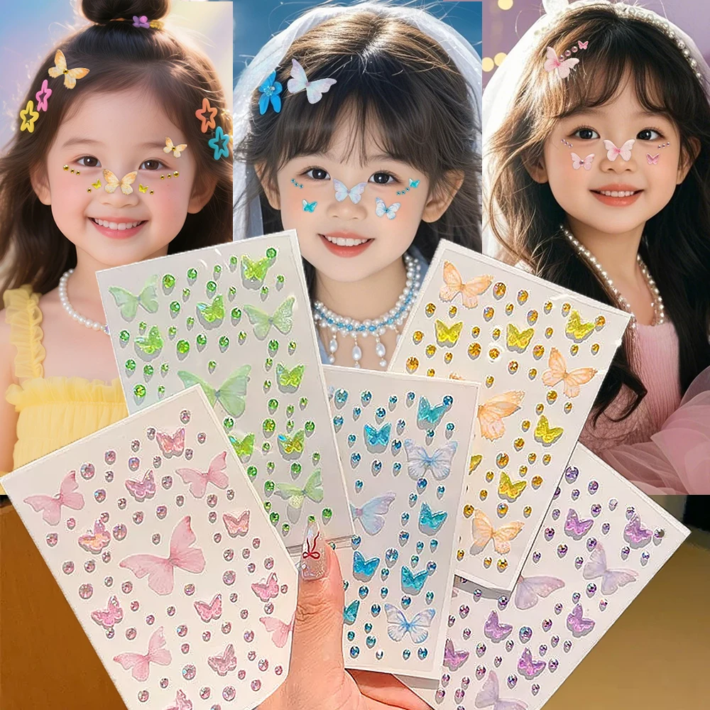 

1/3/5 Sheets Kawaii Children's Butterfly Face Stickers Self-adhesive Pink/Green Elf Rhinestone Resin Butterfly Decals For Makeup