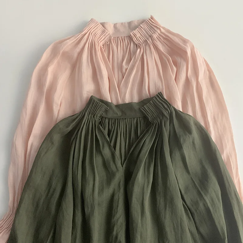 Withered Micro Flared Cuffs, Shoulder Drop, Ramie Pleated Shirt, Women's Top Woman Clothes Shirts & Blouses Women's Clothes Shir