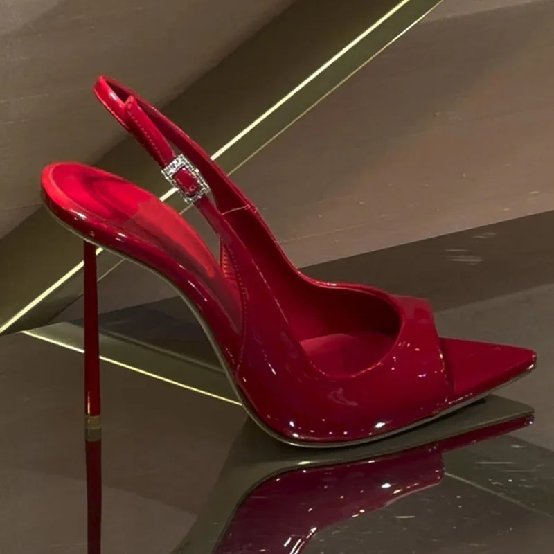 

New Red Patent Leather Pumps Women Summer Peep Toed Sandals Women Rhinestone Buckle Stiletto High Heels Dress Shoes Women