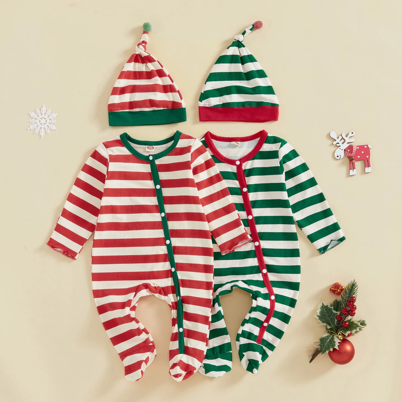 

Baby Boy Christmas Romper Casual Striped Print Button Long Sleeve Jumpsuit with Hat for Infant Toddler Fall Outfit