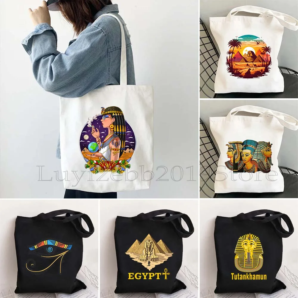 Ancient Egypt Landscape Totem Pharaoh Canvas Shopping Tote Bag Queen Atum Egyptian Pyramids Eye Of Horus Student Shopper Handbag