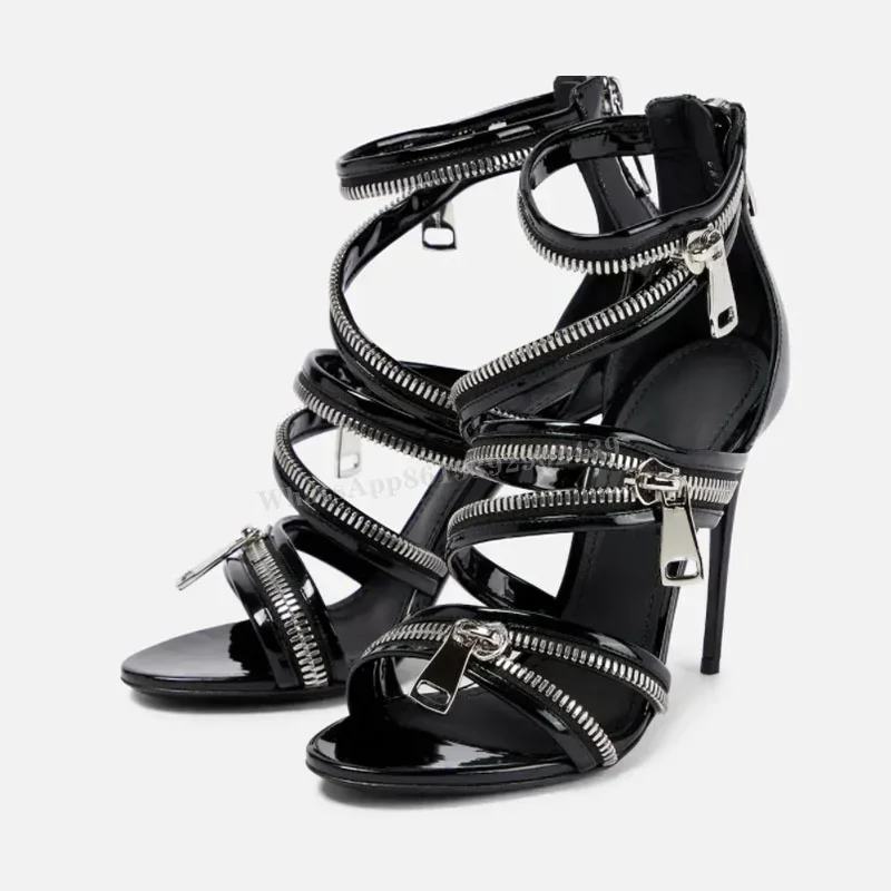 Stiletto Gear Zipper Black Design Sandal Sporty Women New Metal Bordered Heels Hollow Sexy Office Lady Sewing Summer Casual Shoe