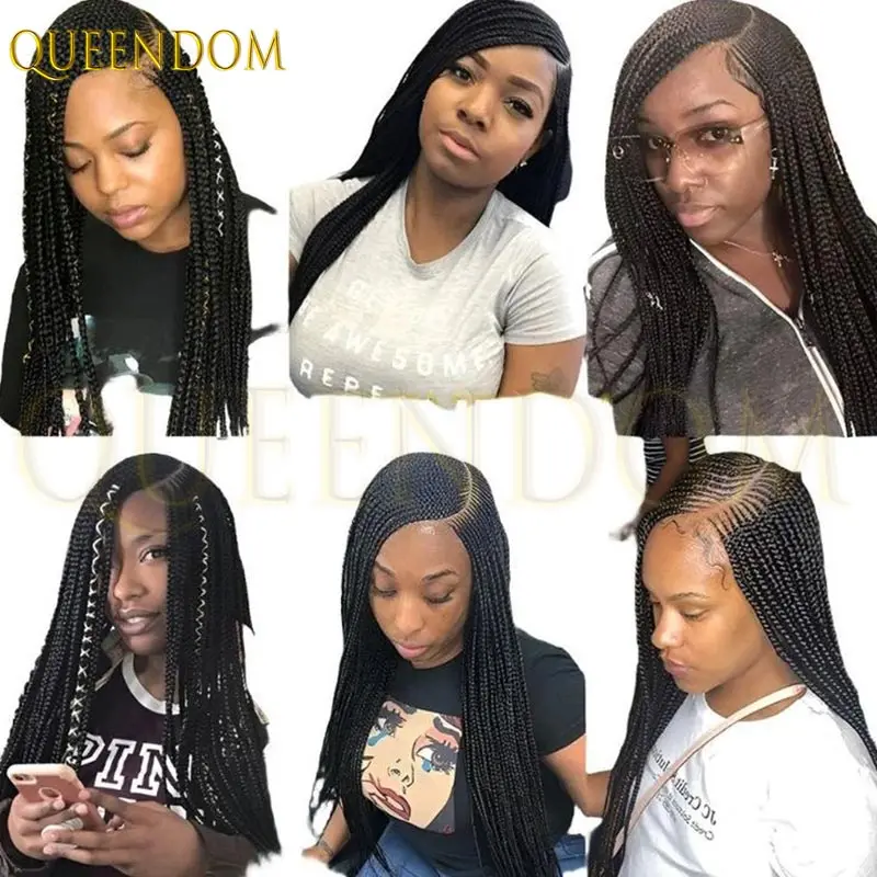 Peruki syntetyczne z pełną koronką, z przedziałkiem bocznym, w stylu Goddess Box Braid z baby hair, imitujące dredy faux locs i cornrow, dla czarnoskórych kobiet, 36 cali.