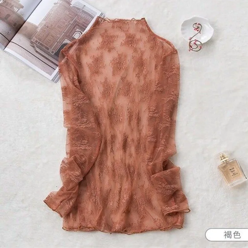 Women's Clothing Half-high Collar Lace Shirt Slim Fit Undershirt New Tees Slimming Versatile Autumn and Winter Top Inner Layer