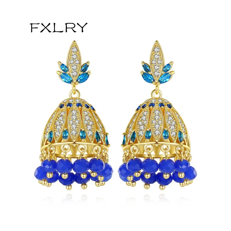 

FXLRY Style Gold Color Big Drop Earrings for Women Wedding Party with AAA CZ Blue Beads Fashion Jewelry