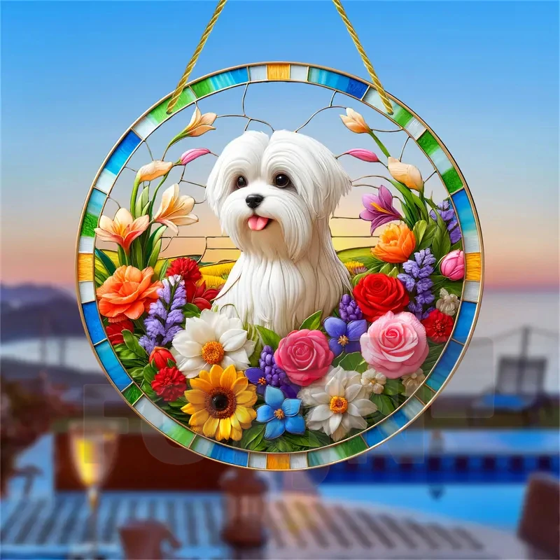 Lively and Cute Pet Dogs Suncatcher, Acrylic Round Translucent Hanging Ornament,Gift for Dogs Lover,House Yard Garden Farm Decor