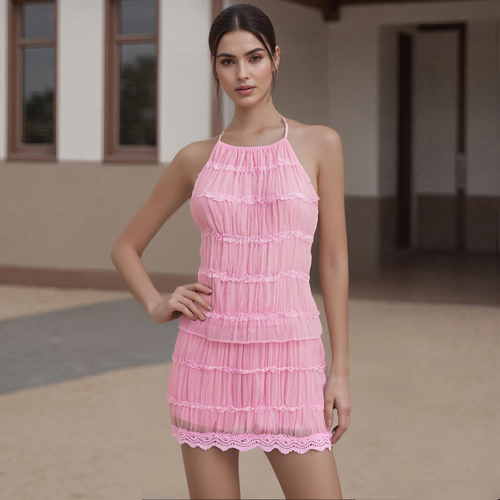 New Ruched Sexy 2 Piece Skirt Set Halter Lace Up Sleeveless Crop Top And Ruffle  Mini Skirt Matching Set Party Club S-XL