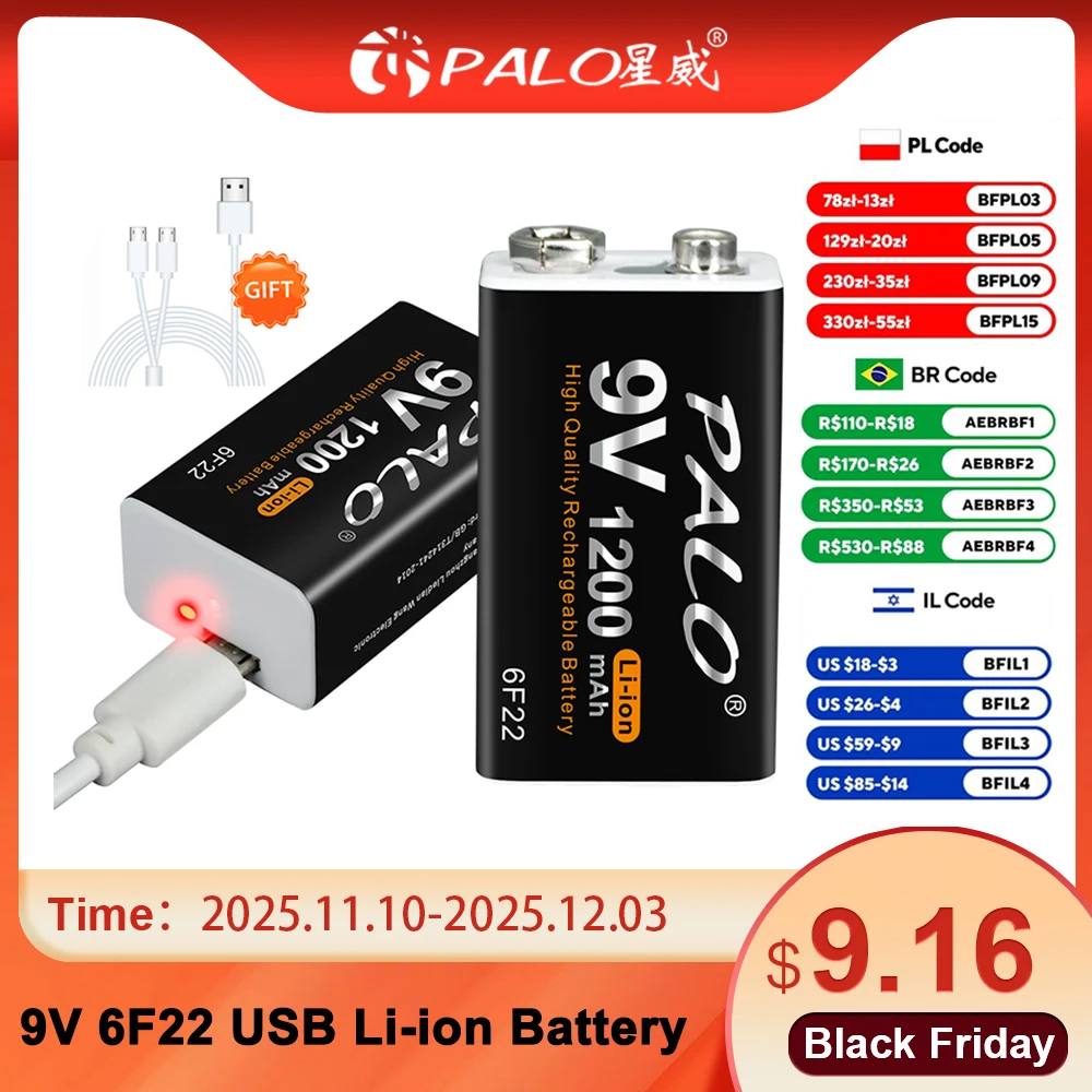 PALO 1200mAh 9V Rechargeable Battery 6f22 Micro USB 9v Lithium Li-ion Batteries for Multimeter Microphone Toy Remote Control