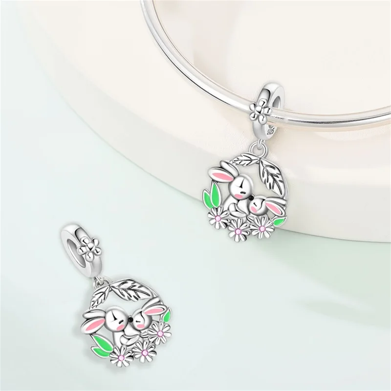 

2026 Popular 925 Sterling Silver Flower Little Rabbit Pendant CZ Zircon Dangle Fit Original Bracelet DIY Women Jewelry Gifts