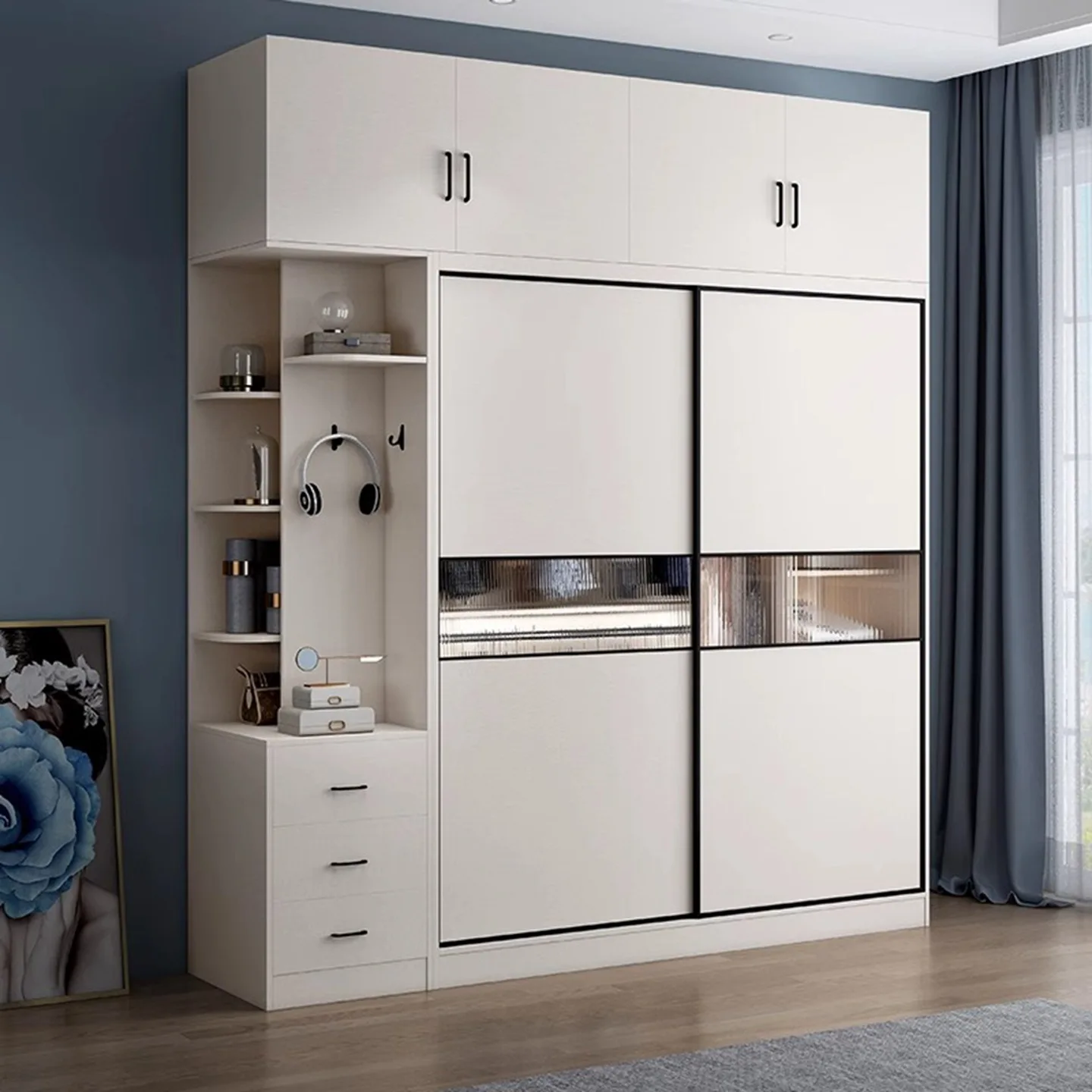 Solid wood multi-layer sliding door wardrobe household bedroom small apartment modern simple wardrobe