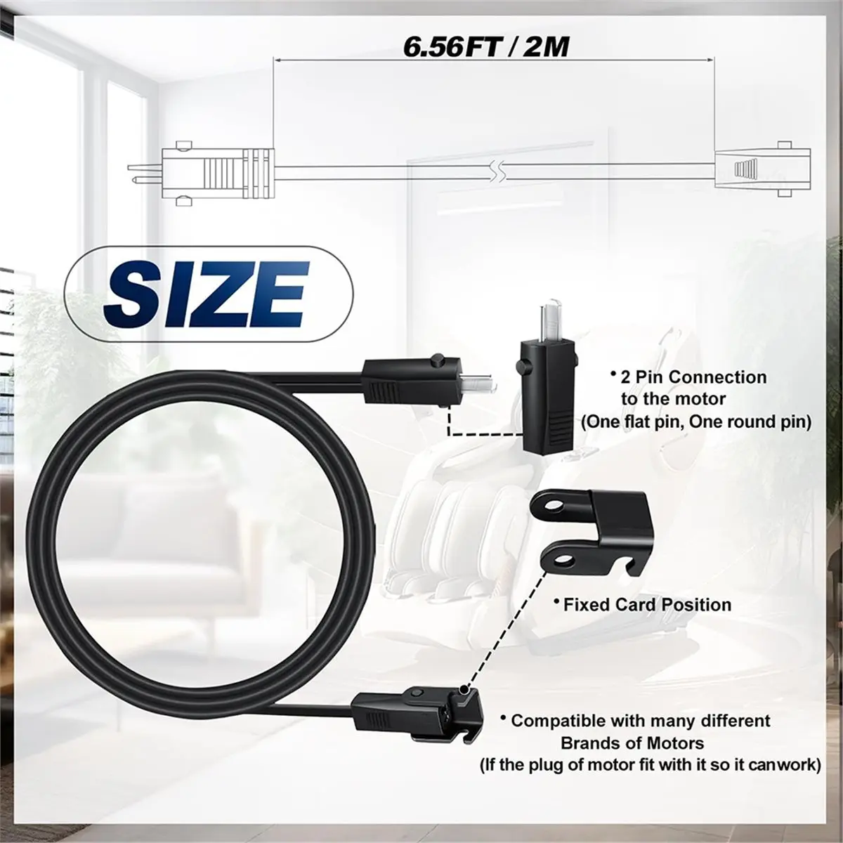 (A23G) 6.6 Feet Power Cord for Recliner Chair, 2 Pin Connector Power Extension Cable for Okin,Limoss,Lazboy,Pride,