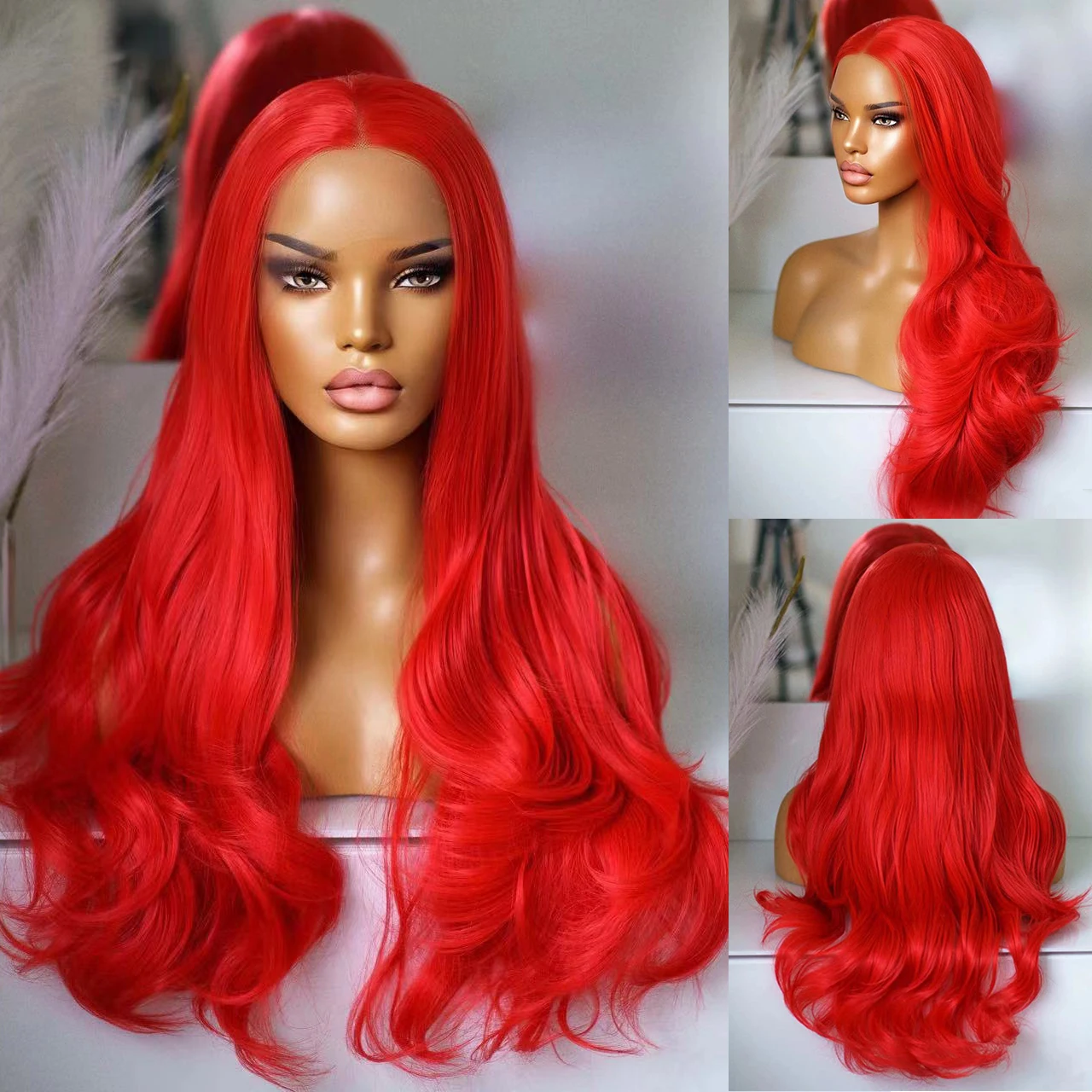 AIMEYA Hot Red Long Natural Wave Wig Heat Resistant Synthetic Lace Front Wigs for Women Natural Hairline Daily Use Cosplay Wig