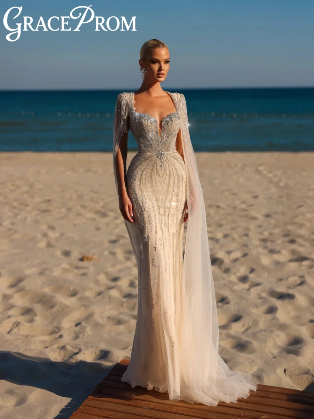 

Мерцающее длинное вечернее платье с кристаллами и бисером, с накидкой на рукавах, свадебное платье русалки, новые элегантные платья для выпускного вечера по индивидуальному заказу