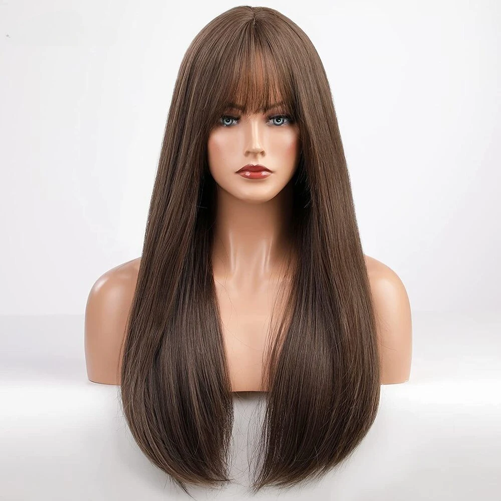 24 In Long Natural Straight Dark Brown Hair Bangs Women Wigs