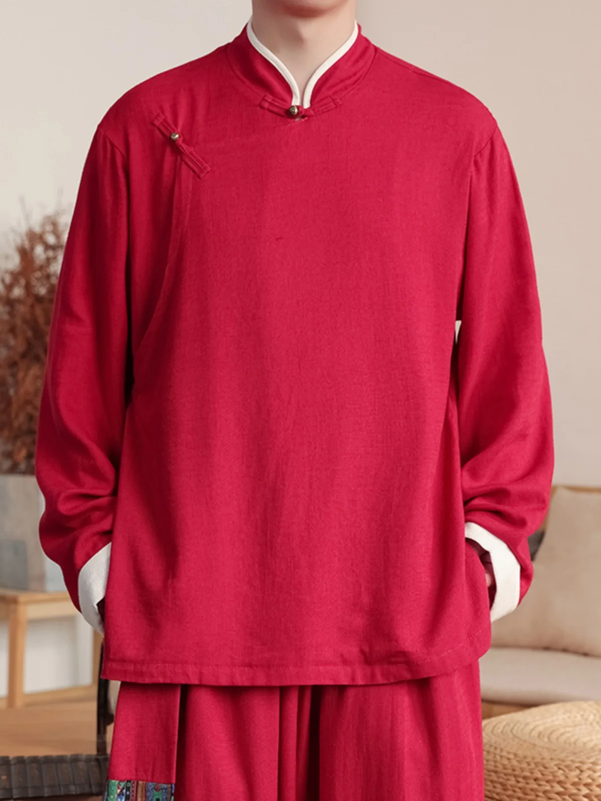 New Chinese Style Men's Jacket Stand Collar Loose Long Sleeve Spring Autumn Ethnic Wind Slant Lapel Tang Costume Retro Shirt