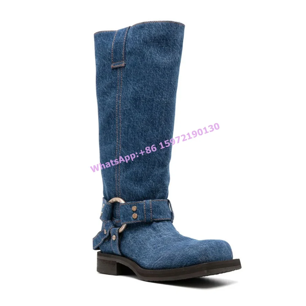 Denim Blue Knee High Boots Metal Ring Rivet Square Toe Slip On Sewing Long Boots Women's Winter 2025 Fashion Knight Boots