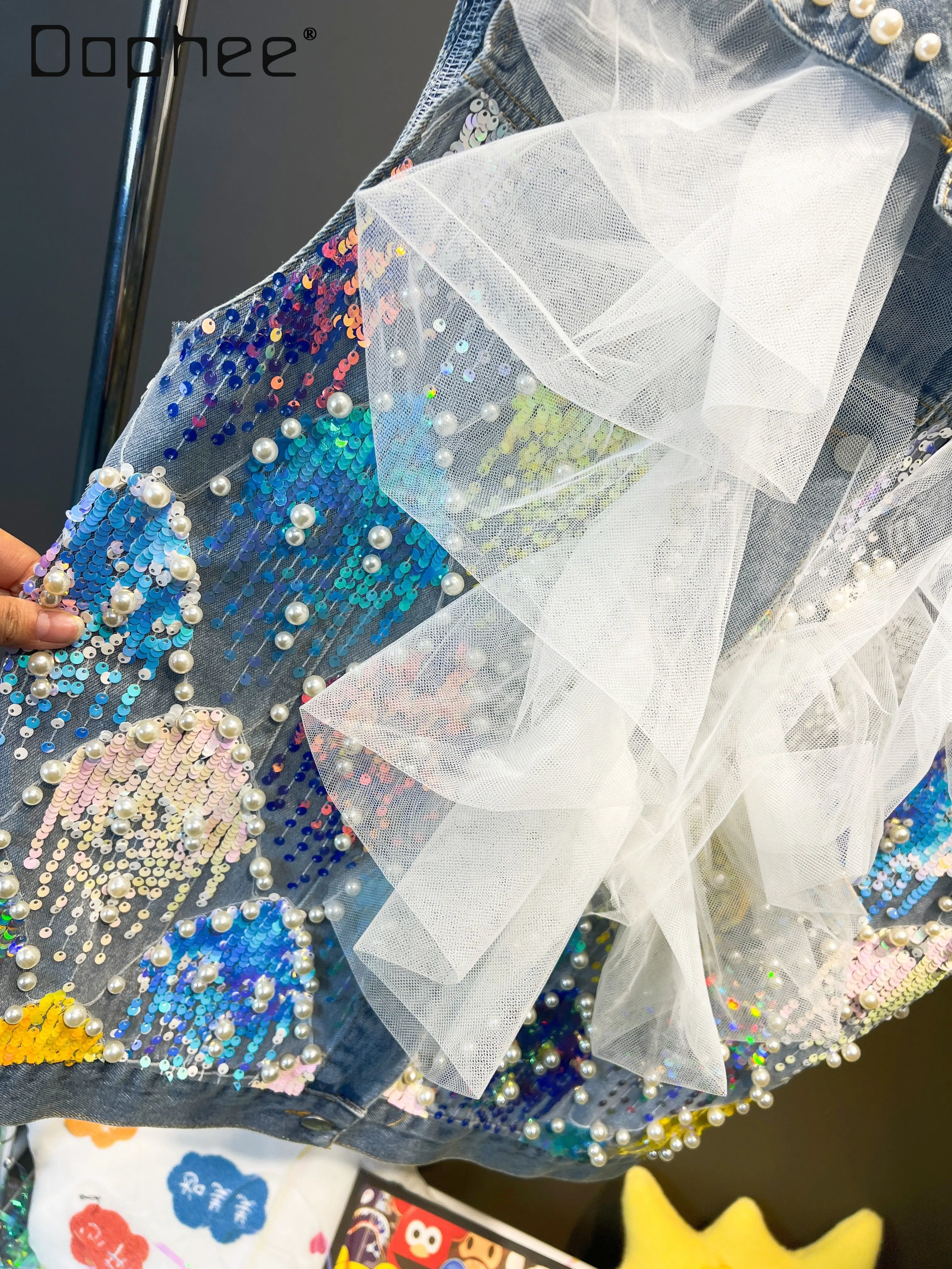 Moda pesada bordado lantejoulas malha renda casual moda magro solto denim lapela colete jaqueta outono nova rua sem mangas jaqueta