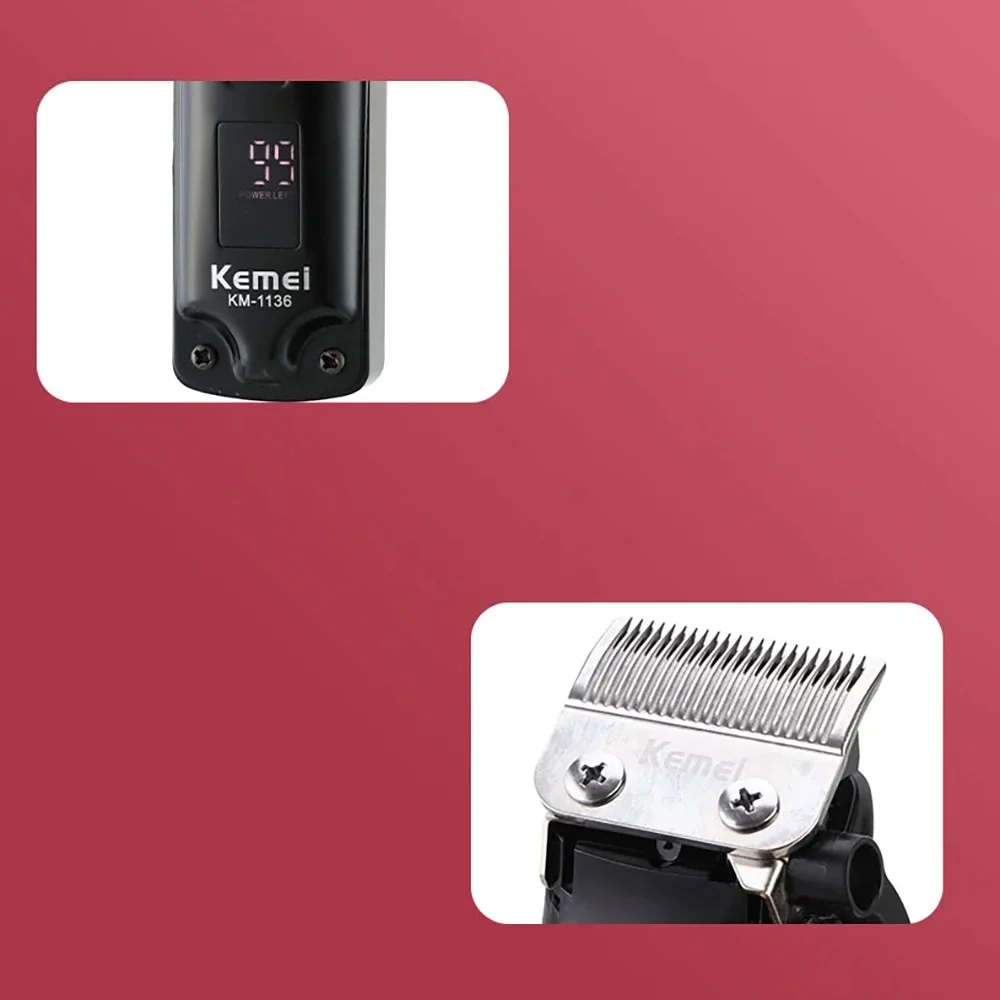 Kemei Barber Hair Clipper Hair Trimmer Men Rechargeable Cordless Electric Taper Hair Cutting Machine LCD Display 8W Fade Blade