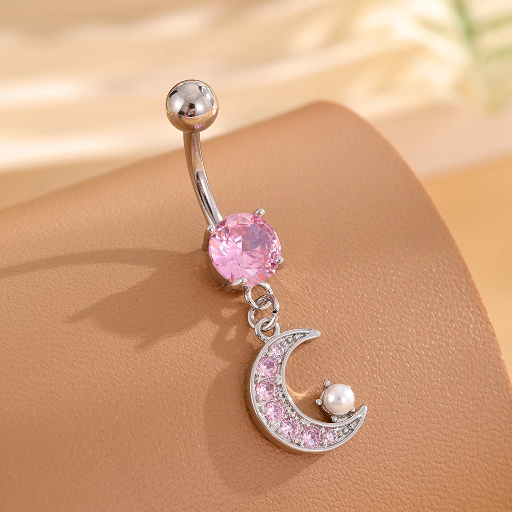 1PCS Pink Heart-Wing Butterfly Belly Button Rings Jewelry Stainless Steel Chain Dangled Navel Piercing Crystal Cute Belly Ring