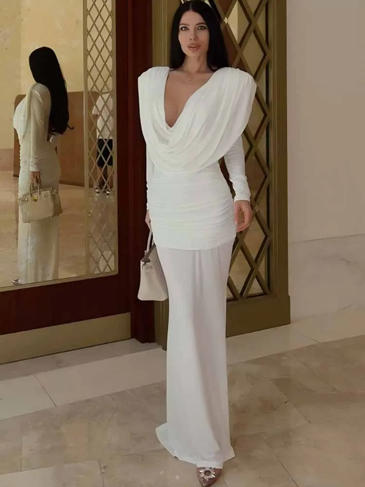 

2026 Elegant Swinging Collar Ruffle White High Waist Slimming Sexy Bareback Long Sleeve Nightclub Party Long Dress