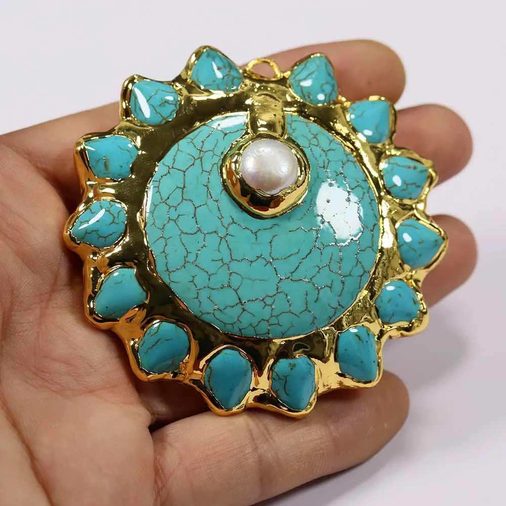 

APDGG 1 шт. большой натуральный белый жемчуг синий бирюзовый позолоченный кулон подвески для ожерелья изготовления ювелирных изделий своими руками