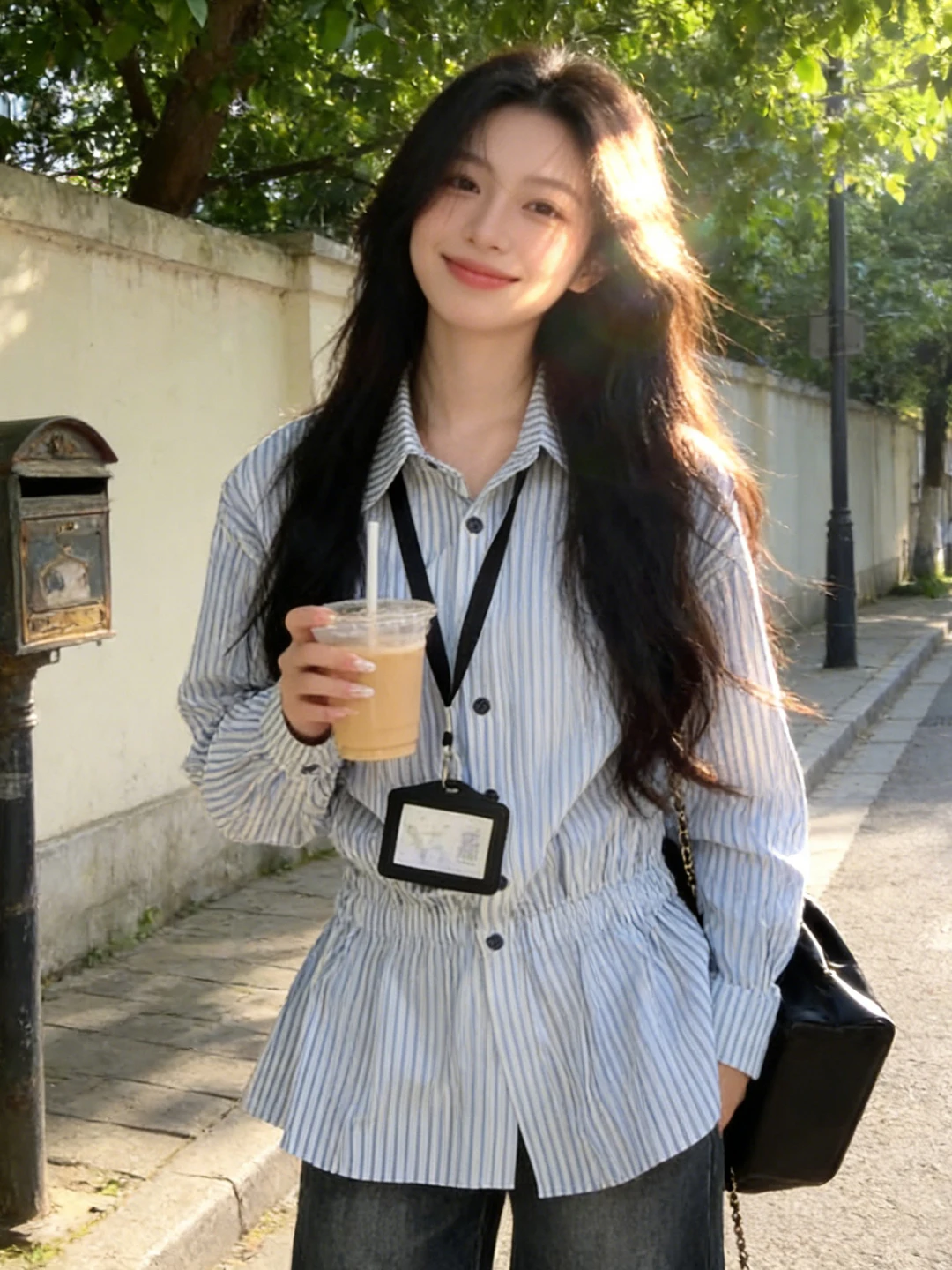 

Korean Design Neck Striped Shirt Women's Autumn New Waist-Cinching Slim Long Sleeve High-End Lightweight Top