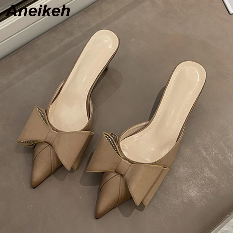 Aneikeh Summer Mule Pointed Ankle Heel Non slip Single Shoe Women Office&Career35-40 Elegant Bow Decoration High Heels 2024