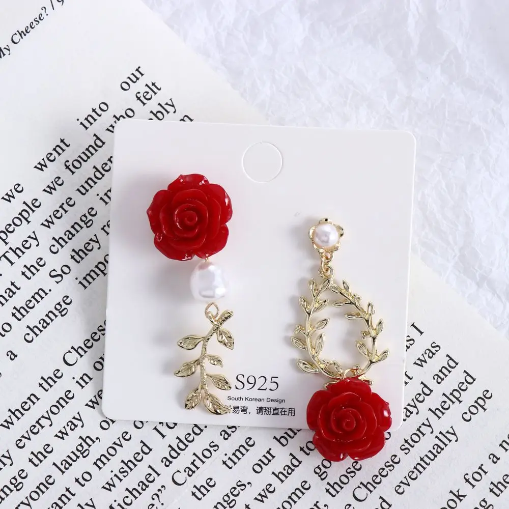 Korean Sweet Red Rose Flower Stud Earrings Elegant Hollow Drop Dangle Earrings For Women Pearl Asymmetric Earrings Girls Party