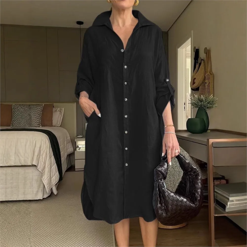 Casual Solid Color Loose Shirt Long Sleeved Women's Dresses New Spring Summer Fashion  Bagged Roll Sleeves Cardigan Female Dress