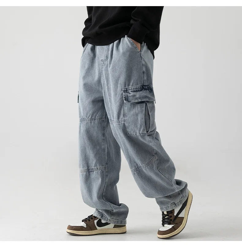 Workwear Pocket Jeans Men's Split Splicing Pleated Washed Japanese Straight Trousers Cool Women