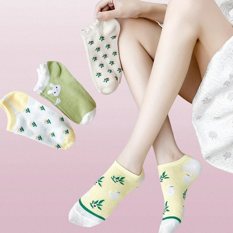 Calcetines invisibles de estilo Pastoral para mujer, medias finas de estilo informal, con flores pequeñas, para estudiantes de secundaria, para verano, 5/10 pares