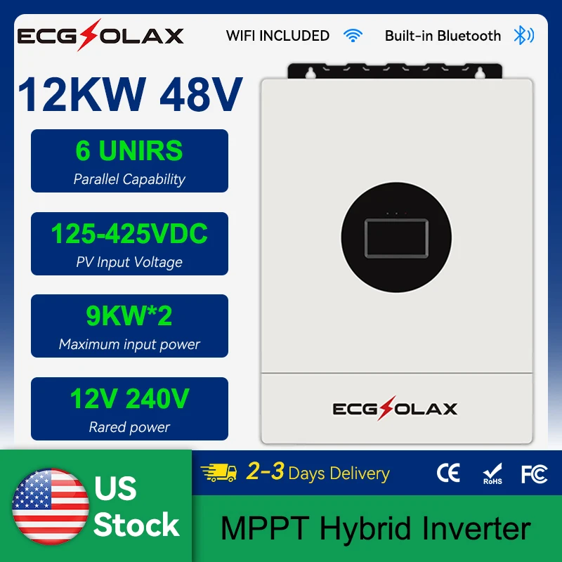 

ECGSOLAX 12 кВт гибридный солнечный инвертор 48 В 110 В/240 В сплит-фазный чистый синусоидальный инвертор с MPPT 200 А контроллер зарядки PV 500 В