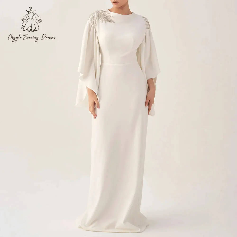 

Giggle Elegant Ivory Saudi Arabic Eviening Dresses Ruffled Full Sleeves Sequined Shoulders Women's Wedding Party Gown Customized