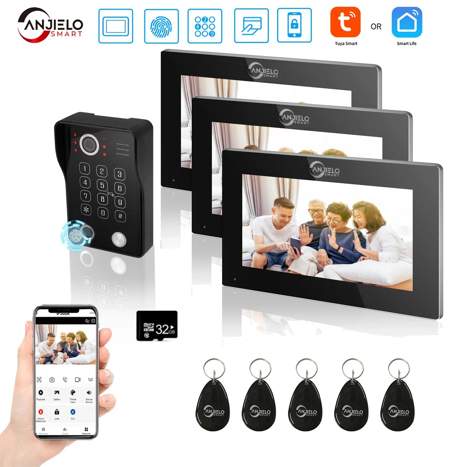 7/10 pollici Tuya videocitofono citofono Touch Screen con campanello cablato 1080P 148 ° APP Password Fingerprint Card Swipe 3Monitor