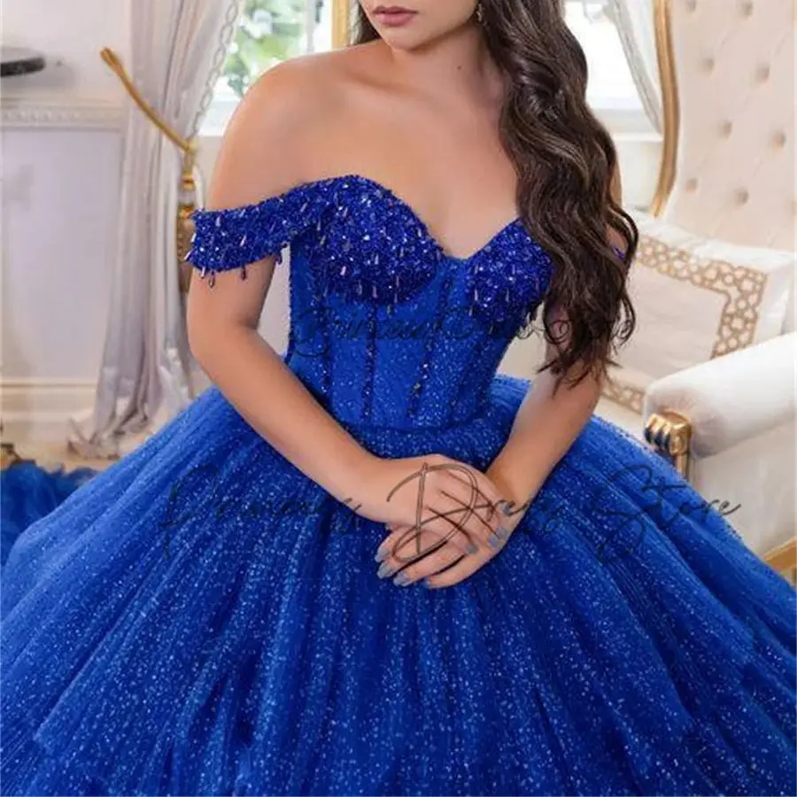 Vestidos de quinceañera azul real de lujo, lentejuelas brillantes, apliques de encaje, vestido de baile de cristales, dulce 16 vestidos, fiesta de cumpleaños 15