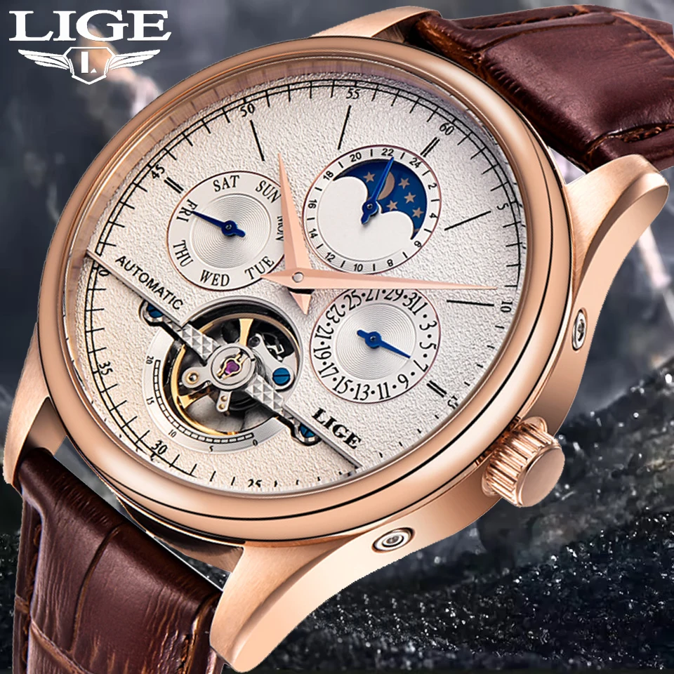 

LIGE Tourbillon Часы Мужские Модные Деловые Мужские Часы Коричневые Кожаные Спортивные Водонепроницаемые Автоматические Механические Наручные Часы Для Мужчин